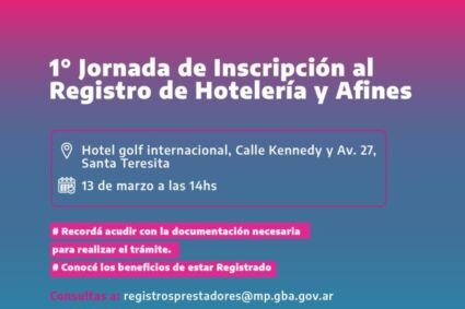 Se realizará una jornada de Inscripción al Registro de Hotelería y Afines en Santa Teresita